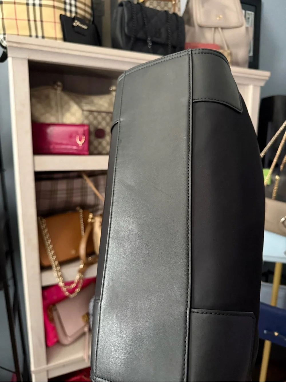 Tory Burch Black Nylon Logo Tote with Leather Trim